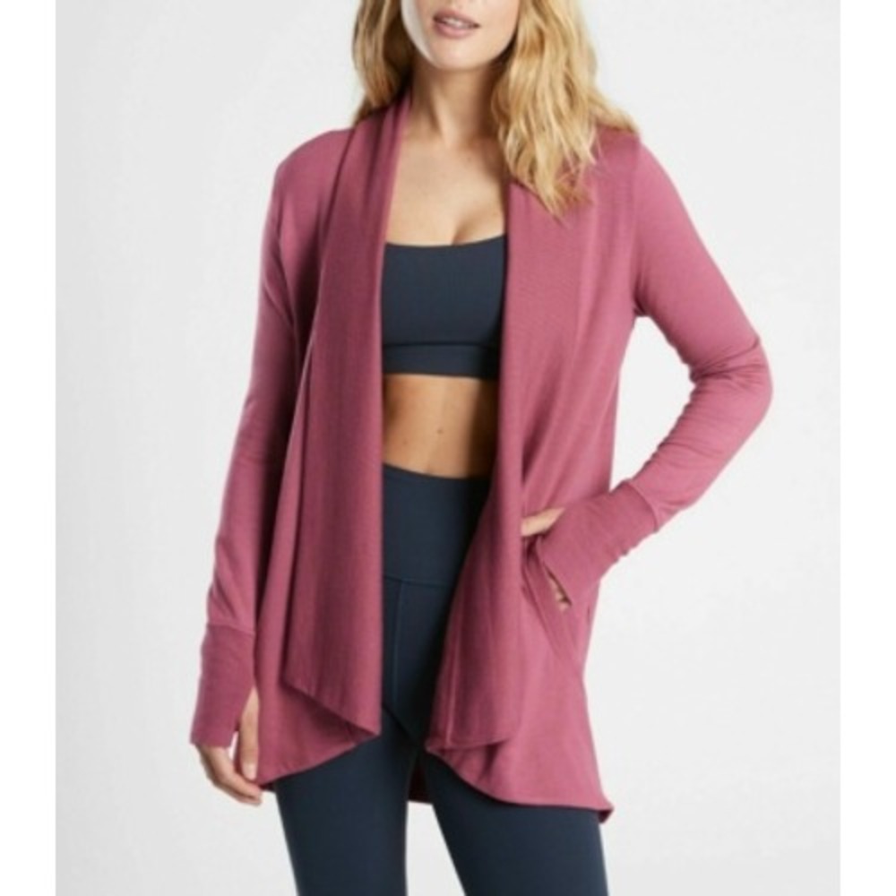 Athleta Pranayama Wrap Cardigan Mauve Plum XXS Open Front Thumbholes